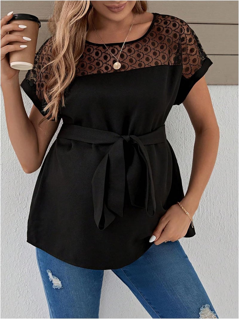 MakeMeChic Women's Maternity Blouse Crew Neck Short Sleeve Contrast Mesh Belted Pregnancy Top - Image 3
